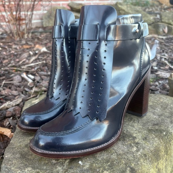 Tory Burch Hyde  Navy Leather Fringe Ankle Boots Block Heel Women Size 9 - Picture 5 of 8